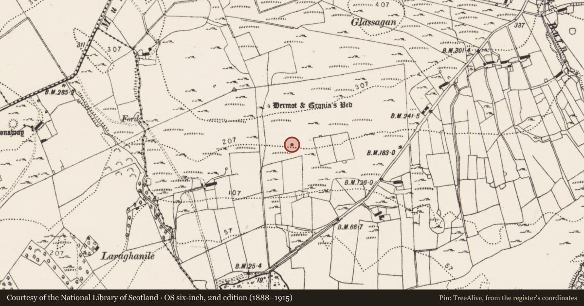 Ordnance Survey six-inch map, 2nd edition (1888–1915) covering the location of Hut site, Muntermellan, County Donegal, with a pin at the register's coordinates