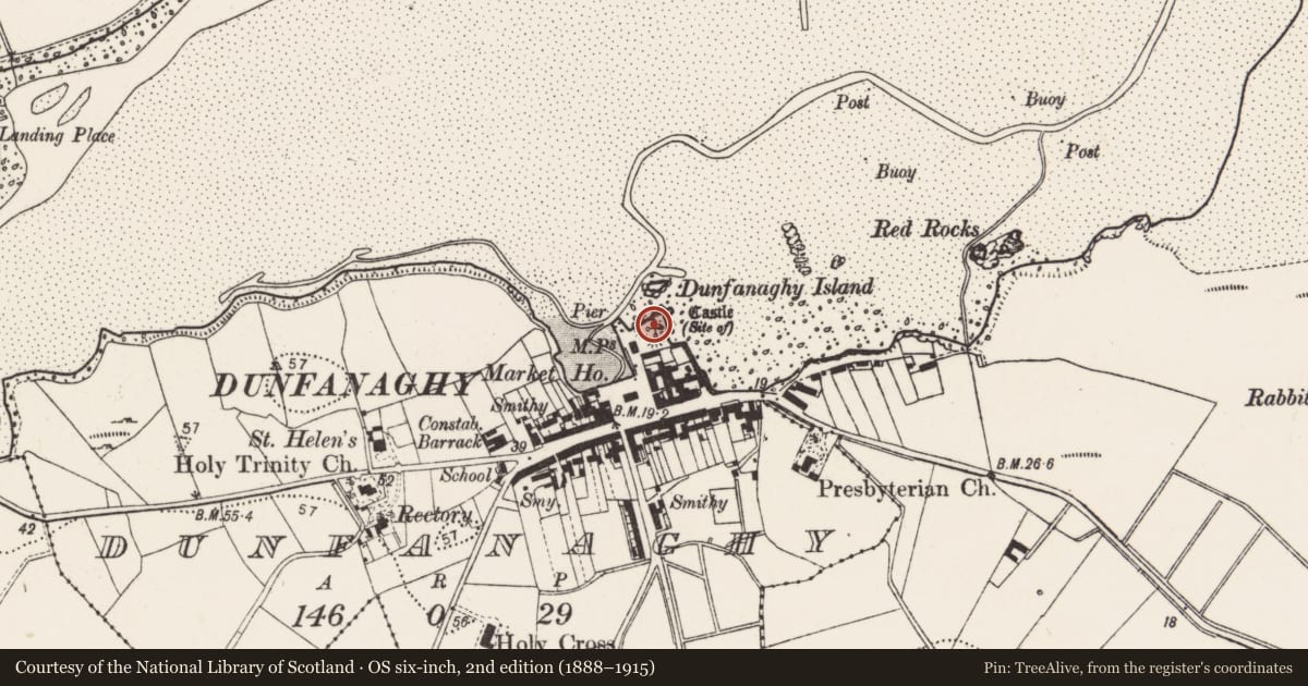 Ordnance Survey six-inch map, 2nd edition (1888–1915) covering the location of Castle - unclassified, Dunfanaghy, County Donegal, with a pin at the register's coordinates