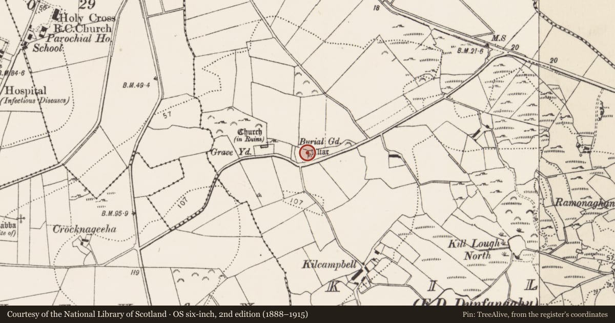 Ordnance Survey six-inch map, 2nd edition (1888–1915) covering the location of Penal Mass station, Kill, County Donegal, with a pin at the register's coordinates