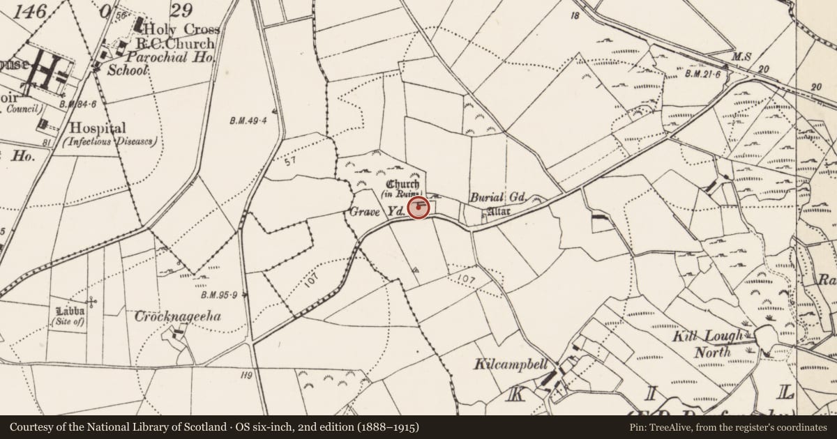 Ordnance Survey six-inch map, 2nd edition (1888–1915) covering the location of Graveyard, Kill, County Donegal, with a pin at the register's coordinates