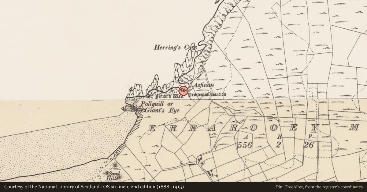 Ordnance Survey six-inch map, 2nd edition (1888–1915) covering the location of Penitential station, Oirear Dhumhaí Mór, County Donegal, with a pin at the register's coordinates