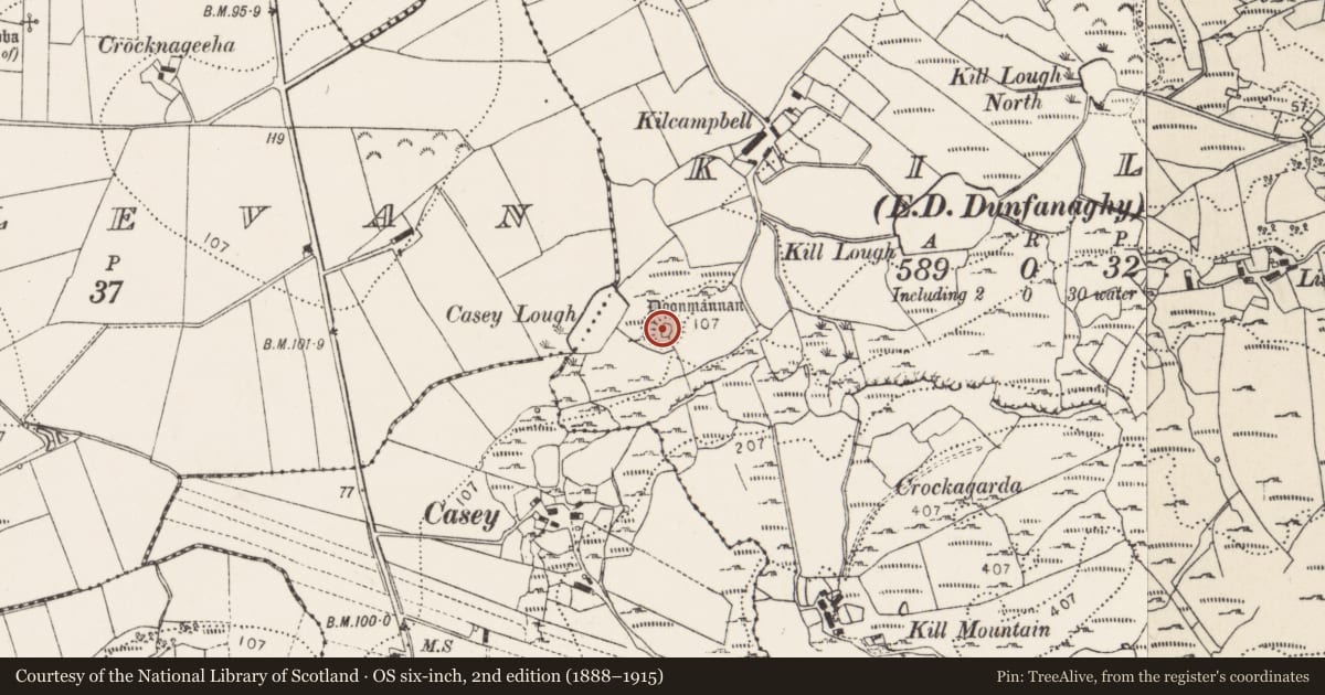 Ordnance Survey six-inch map, 2nd edition (1888–1915) covering the location of Ringfort - cashel, Kill, County Donegal, with a pin at the register's coordinates