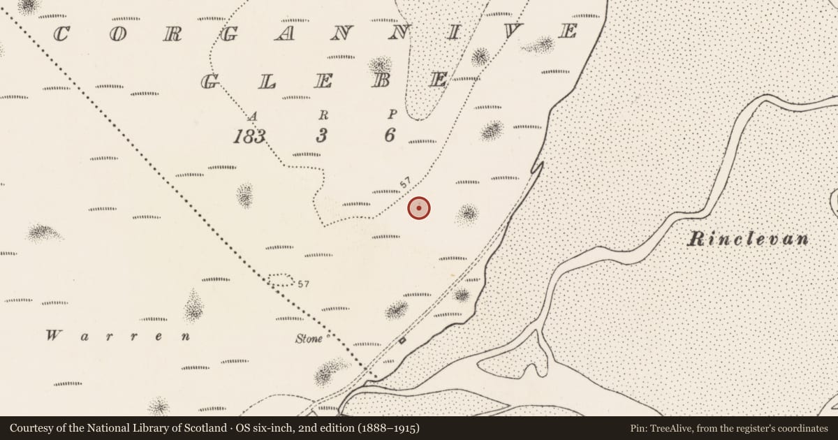 Ordnance Survey six-inch map, 2nd edition (1888–1915) covering the location of Midden, Corgannive Glebe, County Donegal, with a pin at the register's coordinates