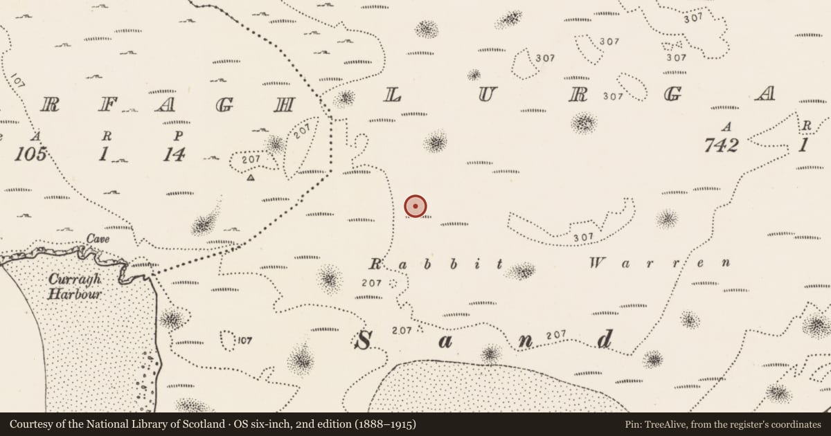 Ordnance Survey six-inch map, 2nd edition (1888–1915) covering the location of Field system, An Leargain Bhreac, County Donegal, with a pin at the register's coordinates