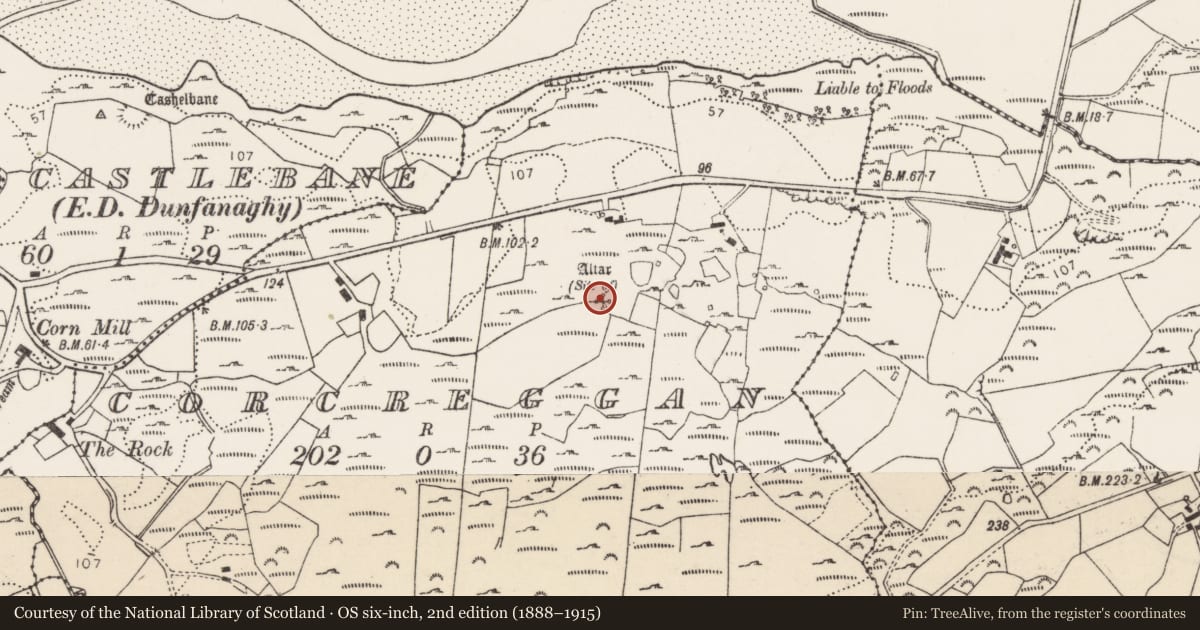 Ordnance Survey six-inch map, 2nd edition (1888–1915) covering the location of Penal Mass station, Corcreggan, County Donegal, with a pin at the register's coordinates