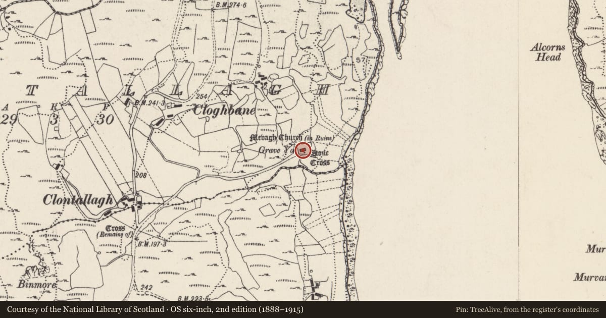 Ordnance Survey six-inch map, 2nd edition (1888–1915) covering the location of Church, Cluain Tsalach, County Donegal, with a pin at the register's coordinates