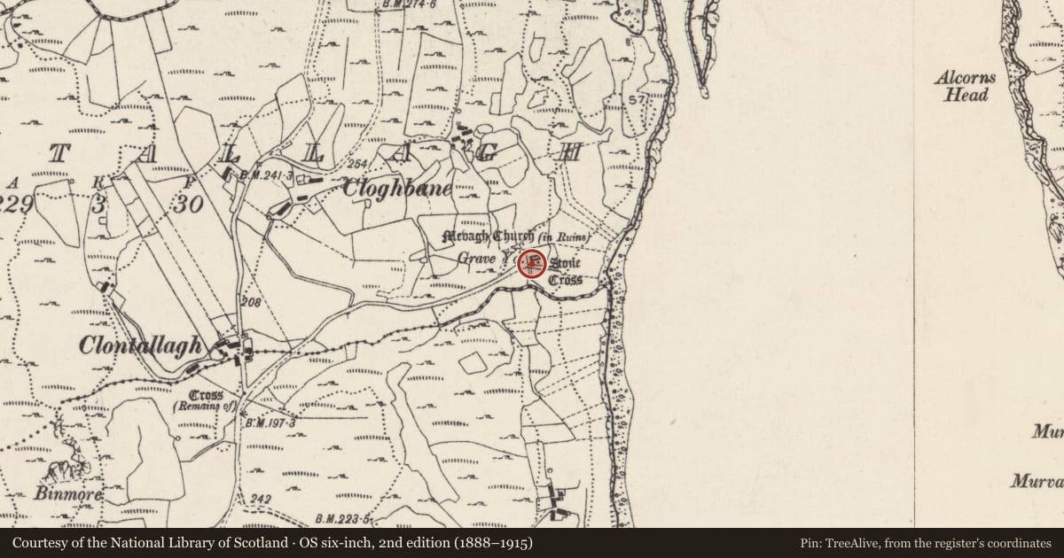 Ordnance Survey six-inch map, 2nd edition (1888–1915) covering the location of Rock art, Cluain Tsalach, County Donegal, with a pin at the register's coordinates