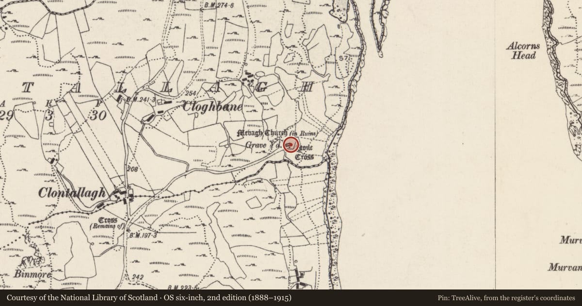 Ordnance Survey six-inch map, 2nd edition (1888–1915) covering the location of Graveyard, Cluain Tsalach, County Donegal, with a pin at the register's coordinates