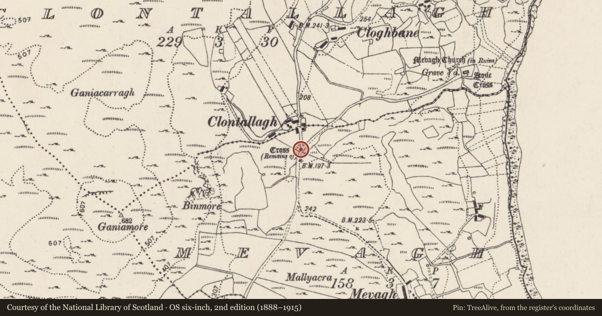 Ordnance Survey six-inch map, 2nd edition (1888–1915) covering the location of Cross, Míobhaigh, County Donegal, with a pin at the register's coordinates