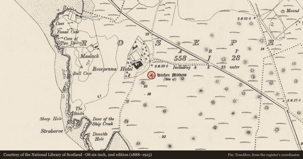 Ordnance Survey six-inch map, 2nd edition (1888–1915) covering the location of Midden, MacHaire Loiscthe, County Donegal, with a pin at the register's coordinates