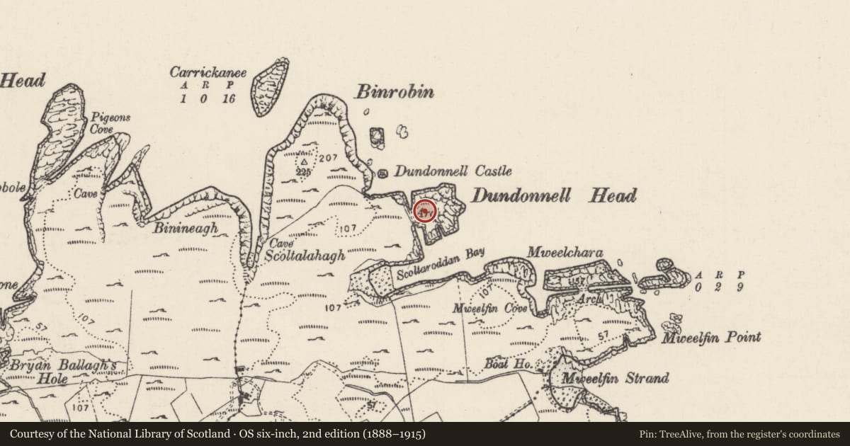 Ordnance Survey six-inch map, 2nd edition (1888–1915) covering the location of Promontory fort - coastal, Parkmore, County Donegal, with a pin at the register's coordinates