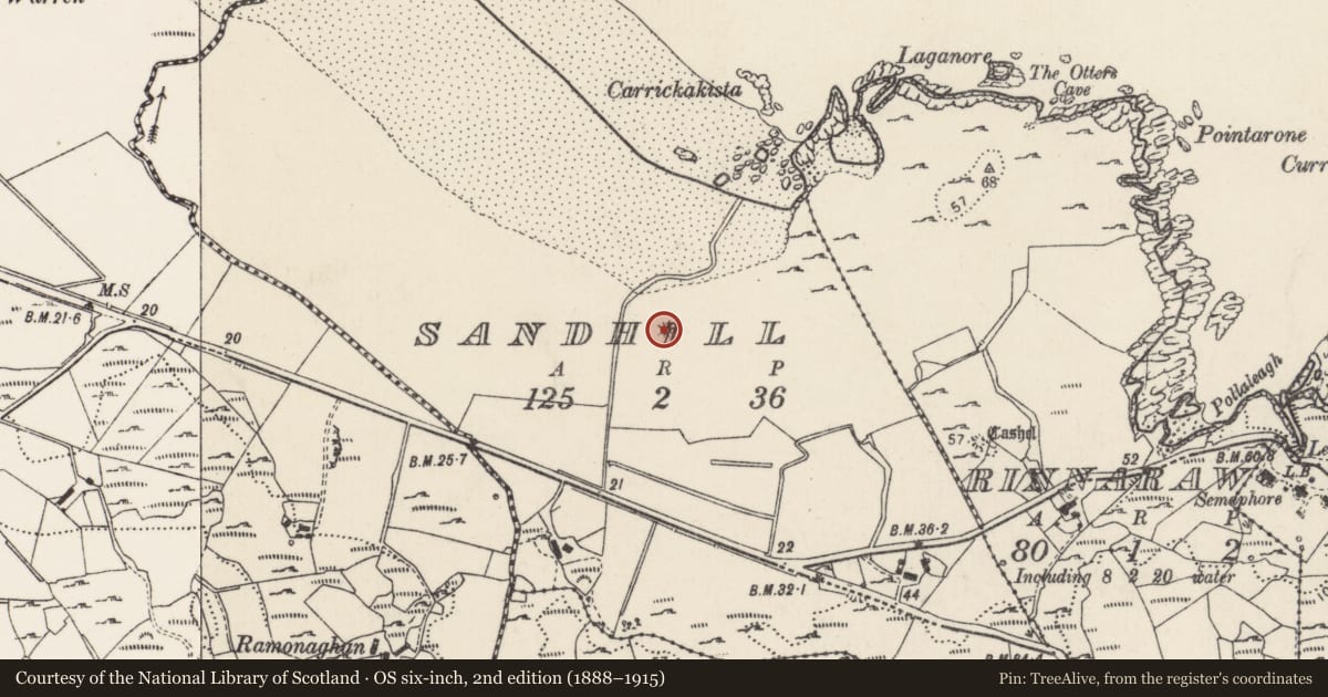 Ordnance Survey six-inch map, 2nd edition (1888–1915) covering the location of Mound, Sandhill, County Donegal, with a pin at the register's coordinates