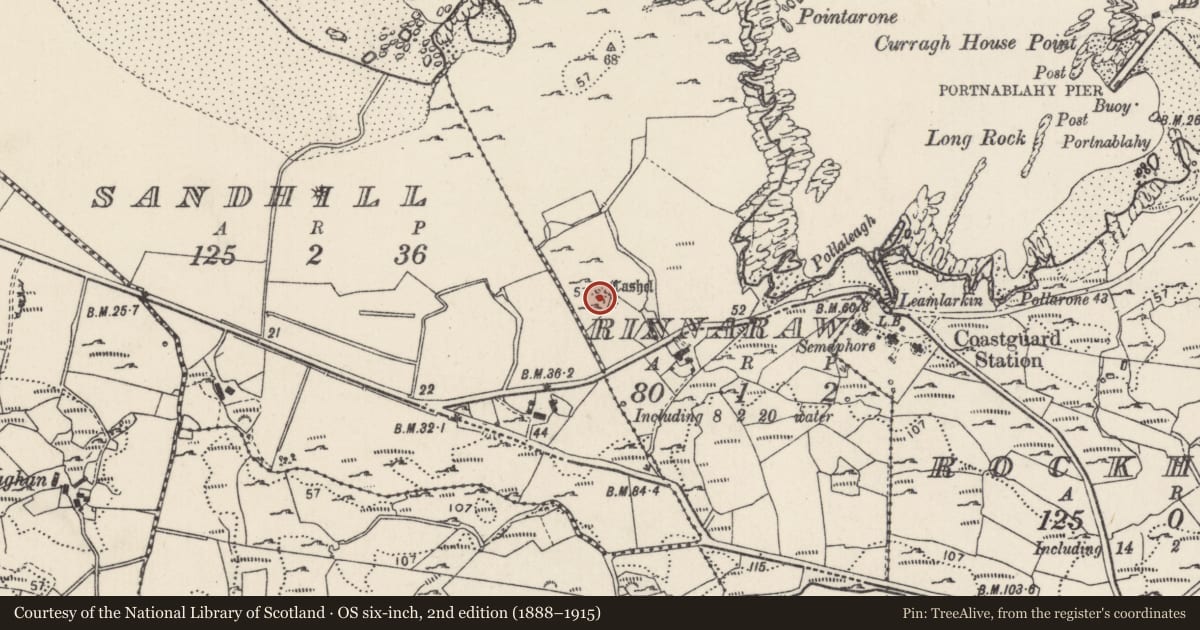 Ordnance Survey six-inch map, 2nd edition (1888–1915) covering the location of Ringfort - cashel, Rinnaraw, County Donegal, with a pin at the register's coordinates