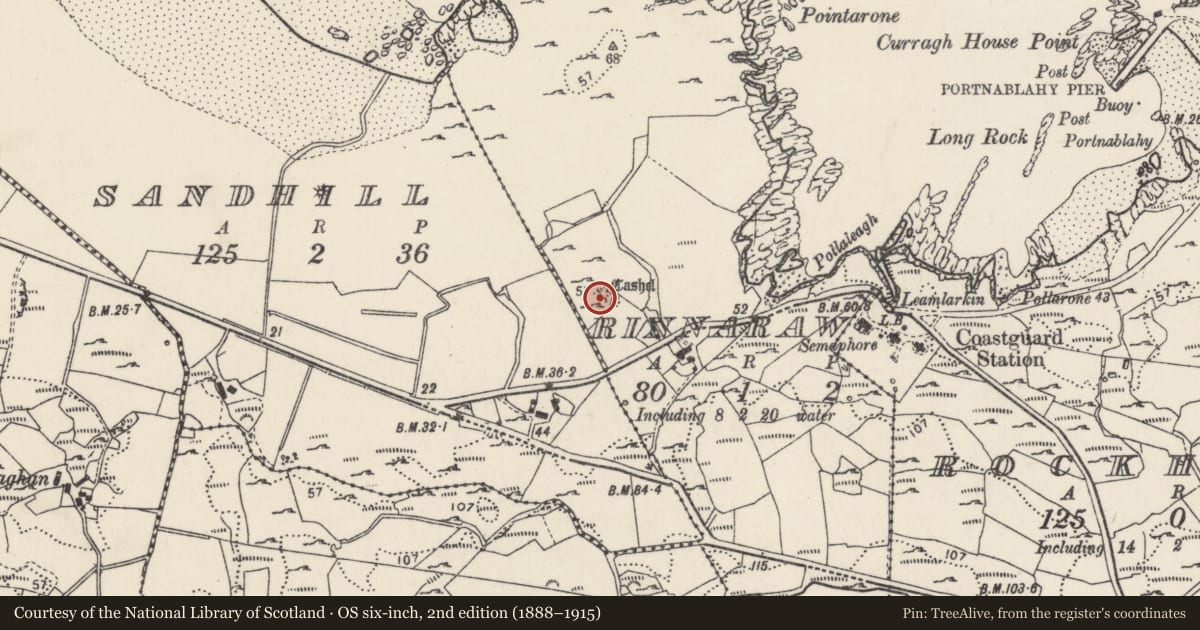 Ordnance Survey six-inch map, 2nd edition (1888–1915) covering the location of House - early medieval, Rinnaraw, County Donegal, with a pin at the register's coordinates
