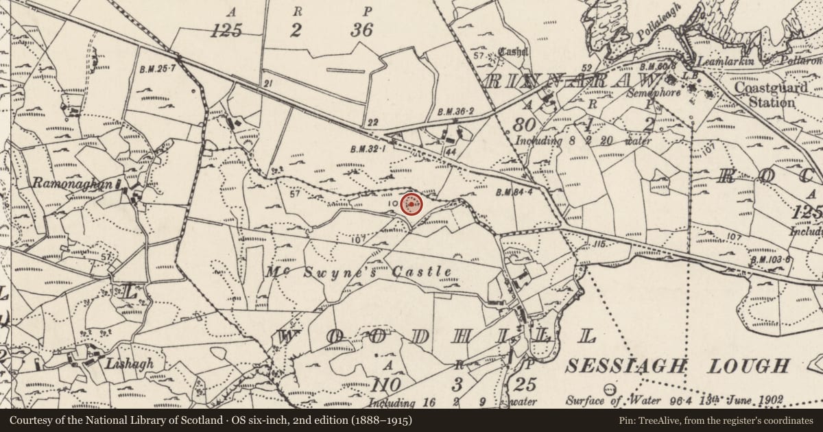 Ordnance Survey six-inch map, 2nd edition (1888–1915) covering the location of Castle - unclassified, Woodhill, County Donegal, with a pin at the register's coordinates