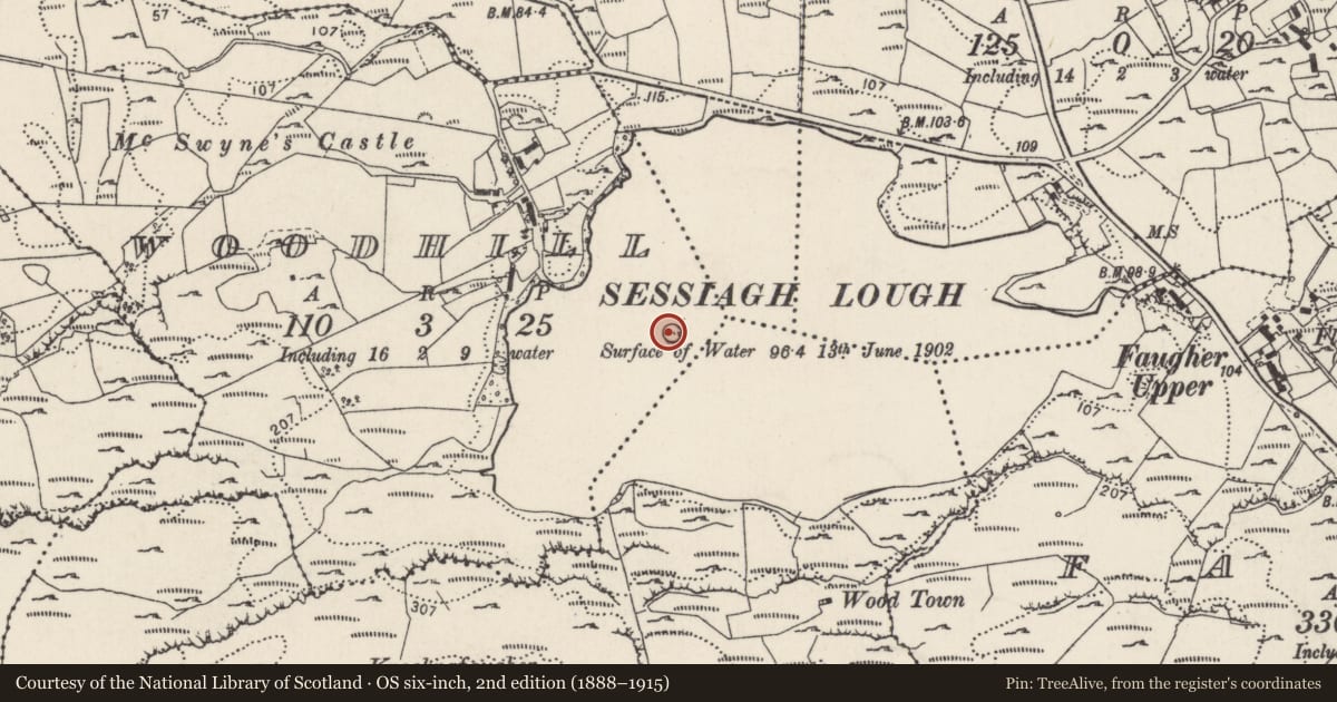 Ordnance Survey six-inch map, 2nd edition (1888–1915) covering the location of Crannog, Woodhill, County Donegal, with a pin at the register's coordinates