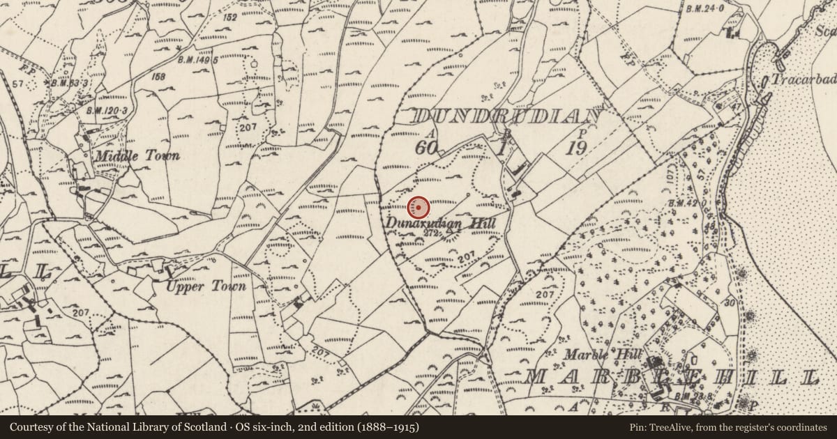 Ordnance Survey six-inch map, 2nd edition (1888–1915) covering the location of Ringfort - cashel, Dundrudian, County Donegal, with a pin at the register's coordinates