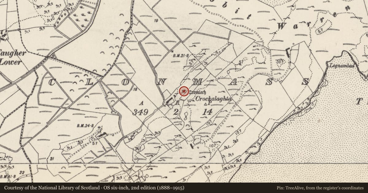 Ordnance Survey six-inch map, 2nd edition (1888–1915) covering the location of Megalithic tomb - unclassified, Clonmass, County Donegal, with a pin at the register's coordinates