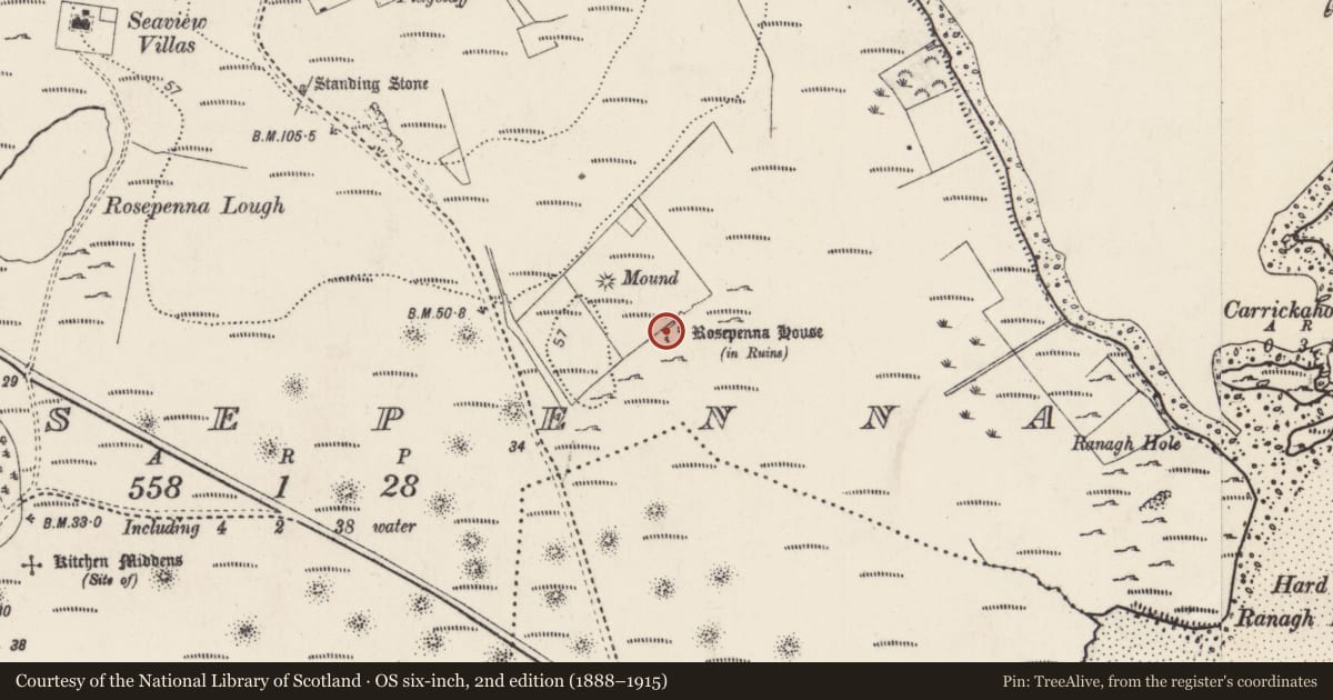 Ordnance Survey six-inch map, 2nd edition (1888–1915) covering the location of House - 16th/17th century, MacHaire Loiscthe, County Donegal, with a pin at the register's coordinates