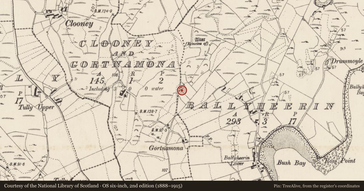 Ordnance Survey six-inch map, 2nd edition (1888–1915) covering the location of Burial ground, Ballyheerin, County Donegal, with a pin at the register's coordinates