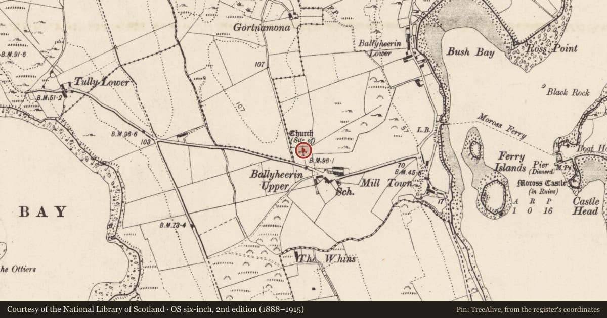 Ordnance Survey six-inch map, 2nd edition (1888–1915) covering the location of Church, Ballyheerin, County Donegal, with a pin at the register's coordinates