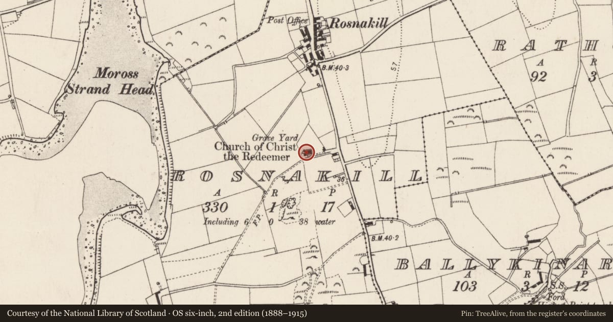 Ordnance Survey six-inch map, 2nd edition (1888–1915) covering the location of Church, Rosnakill, County Donegal, with a pin at the register's coordinates