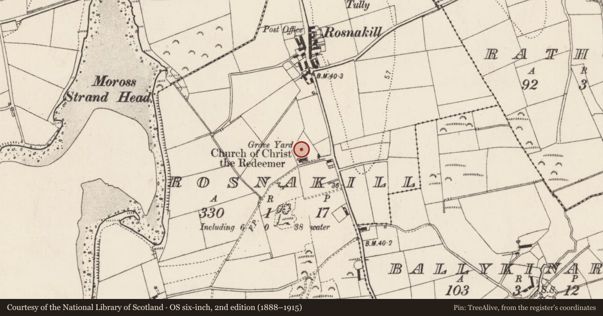 Ordnance Survey six-inch map, 2nd edition (1888–1915) covering the location of Graveyard, Rosnakill, County Donegal, with a pin at the register's coordinates