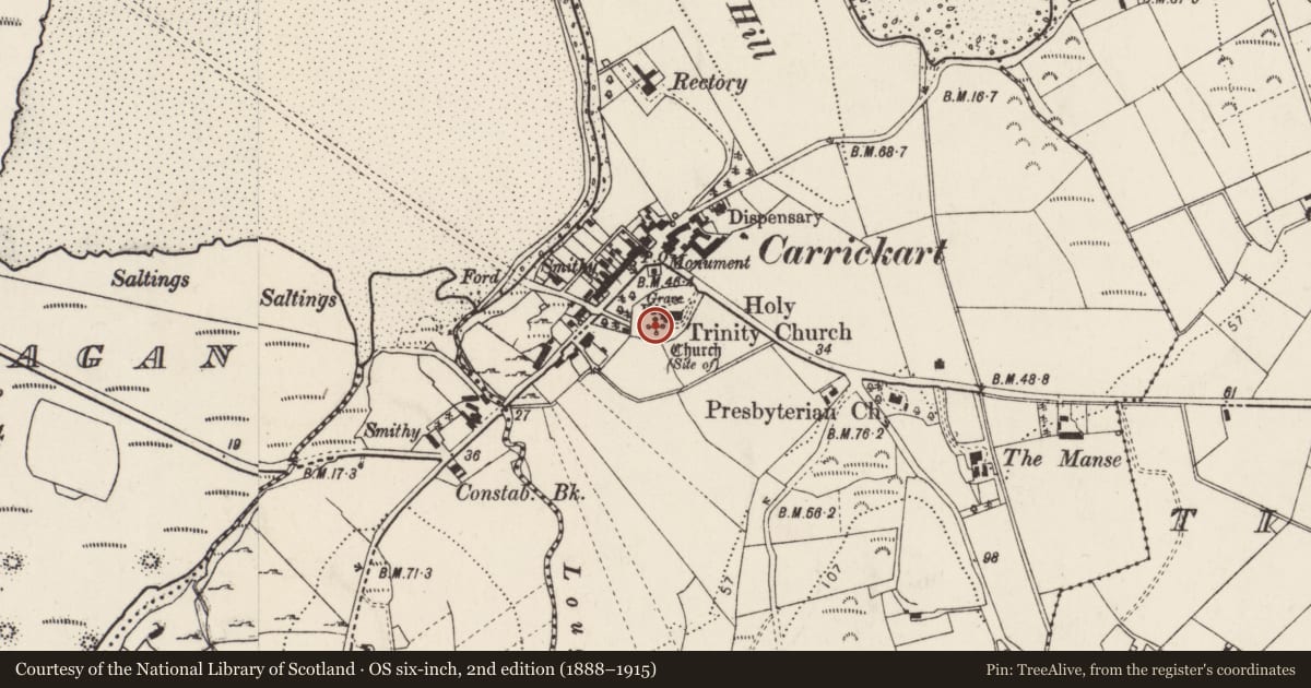 Ordnance Survey six-inch map, 2nd edition (1888–1915) covering the location of Church, Carraig Airt, County Donegal, with a pin at the register's coordinates