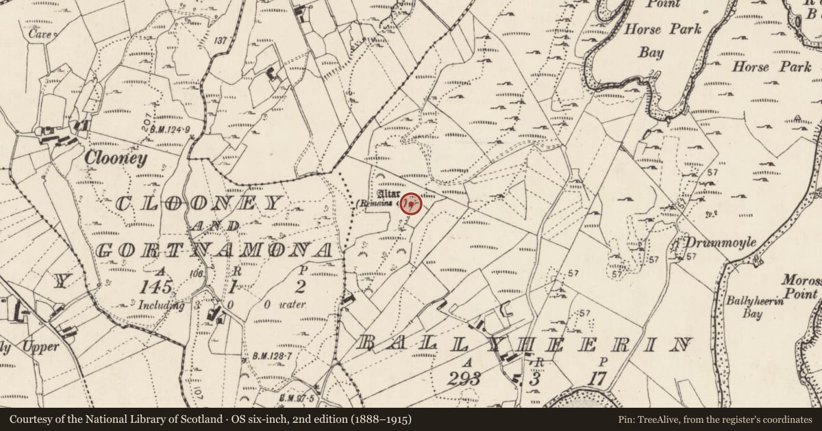 Ordnance Survey six-inch map, 2nd edition (1888–1915) covering the location of Penal Mass station, Ballyheerin, County Donegal, with a pin at the register's coordinates