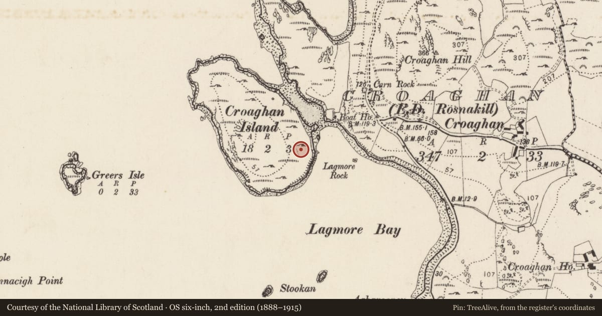 Ordnance Survey six-inch map, 2nd edition (1888–1915) covering the location of Enclosure, Croaghan, County Donegal, with a pin at the register's coordinates