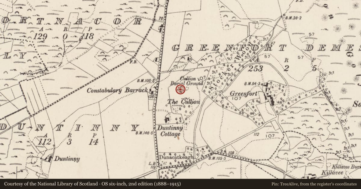 Ordnance Survey six-inch map, 2nd edition (1888–1915) covering the location of Burial ground, Greenfort Demesne, County Donegal, with a pin at the register's coordinates