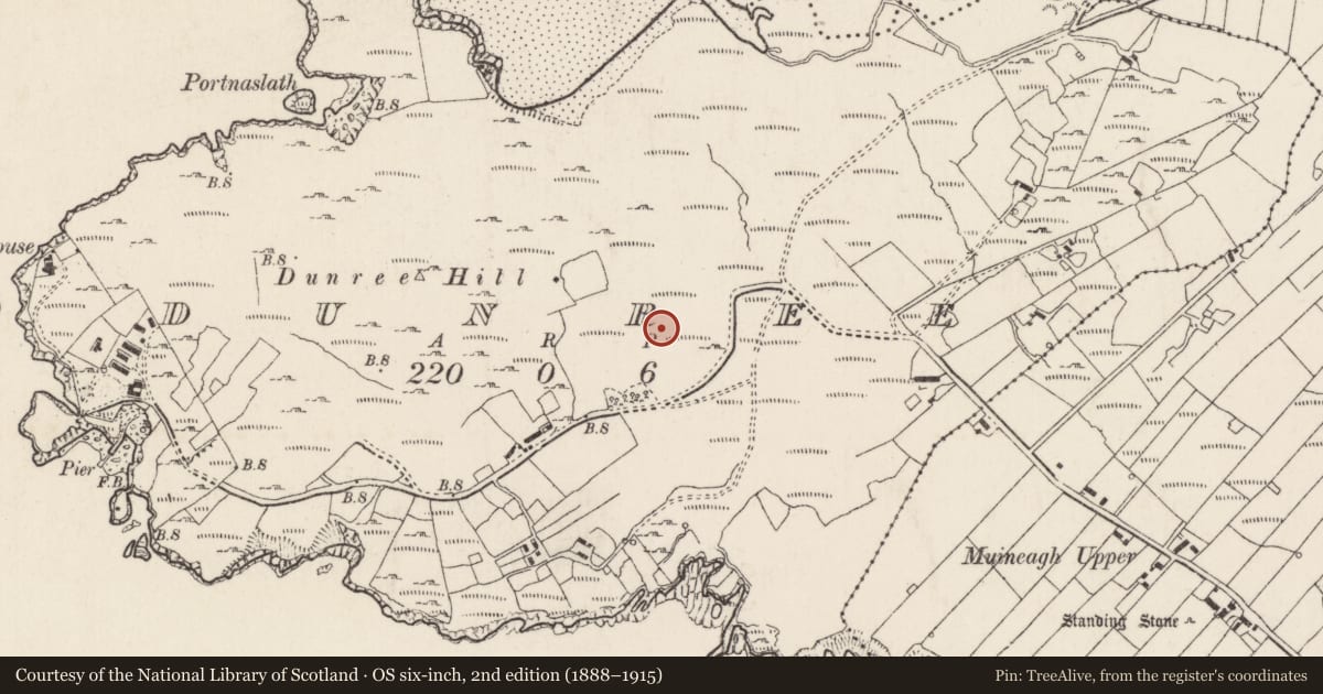 Ordnance Survey six-inch map, 2nd edition (1888–1915) covering the location of Burial ground, Dunree, County Donegal, with a pin at the register's coordinates