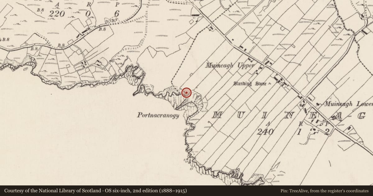 Ordnance Survey six-inch map, 2nd edition (1888–1915) covering the location of Ringfort - unclassified, Muineagh, County Donegal, with a pin at the register's coordinates