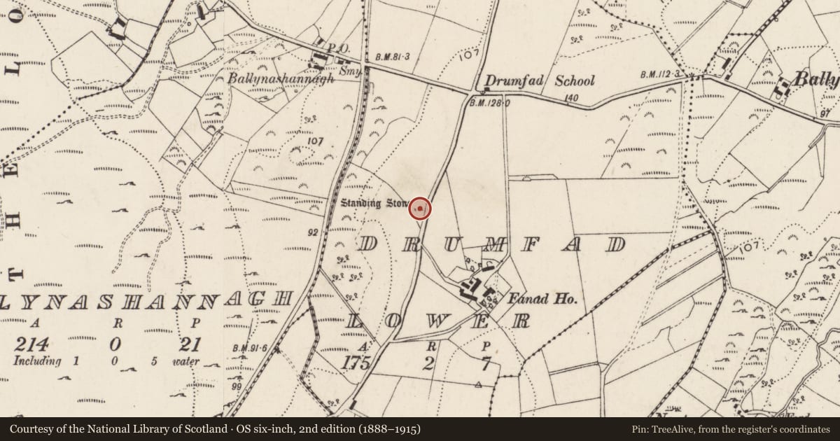 Ordnance Survey six-inch map, 2nd edition (1888–1915) covering the location of Standing stone, Drumfad Lower, County Donegal, with a pin at the register's coordinates