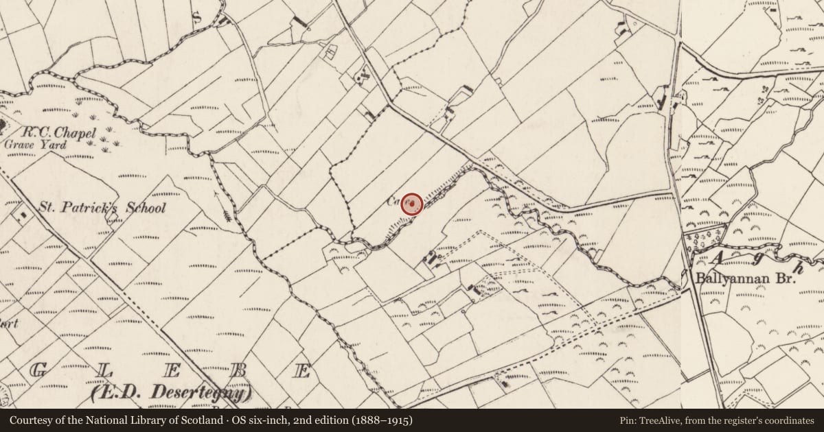 Ordnance Survey six-inch map, 2nd edition (1888–1915) covering the location of Souterrain, Ballyannan, County Donegal, with a pin at the register's coordinates
