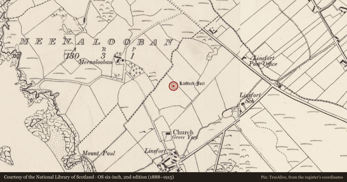 Ordnance Survey six-inch map, 2nd edition (1888–1915) covering the location of Ringfort - unclassified, Linsfort, County Donegal, with a pin at the register's coordinates