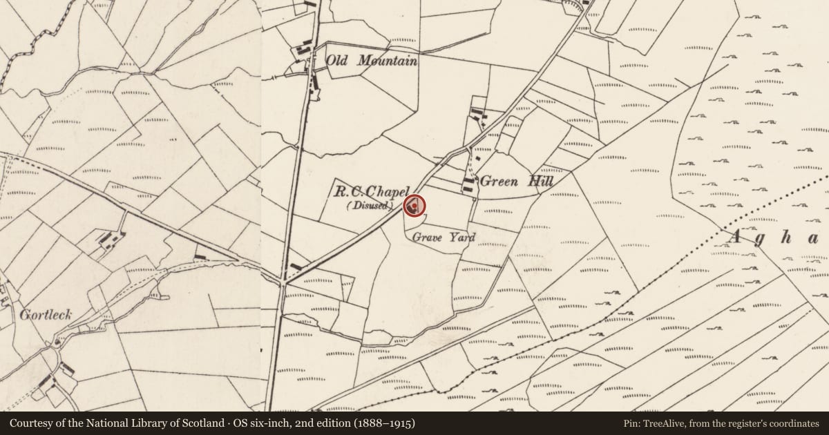 Ordnance Survey six-inch map, 2nd edition (1888–1915) covering the location of Church, Gortleck, County Donegal, with a pin at the register's coordinates