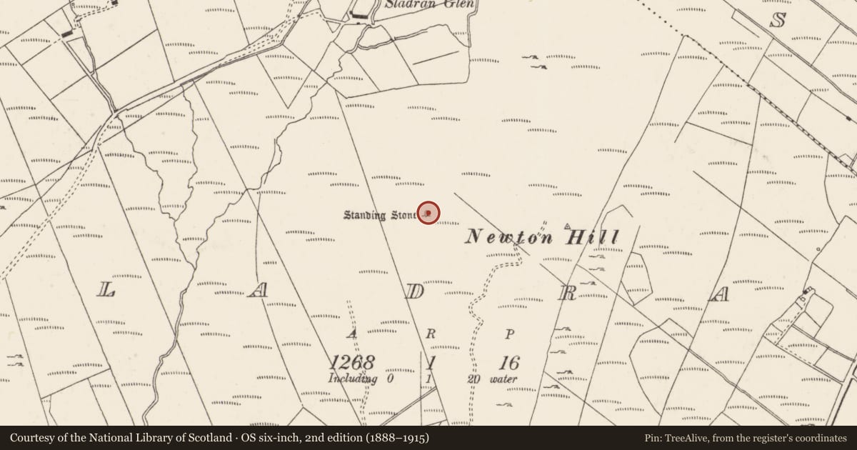 Ordnance Survey six-inch map, 2nd edition (1888–1915) covering the location of Standing stone, Sladran, County Donegal, with a pin at the register's coordinates