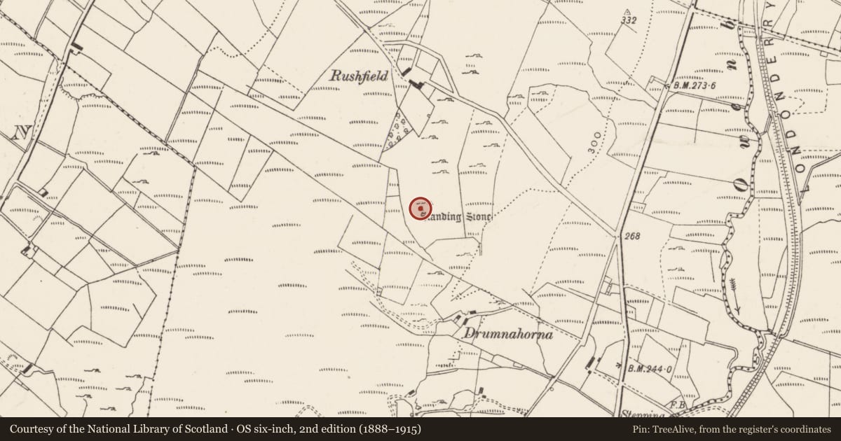 Ordnance Survey six-inch map, 2nd edition (1888–1915) covering the location of Standing stone, Shandrim, County Donegal, with a pin at the register's coordinates