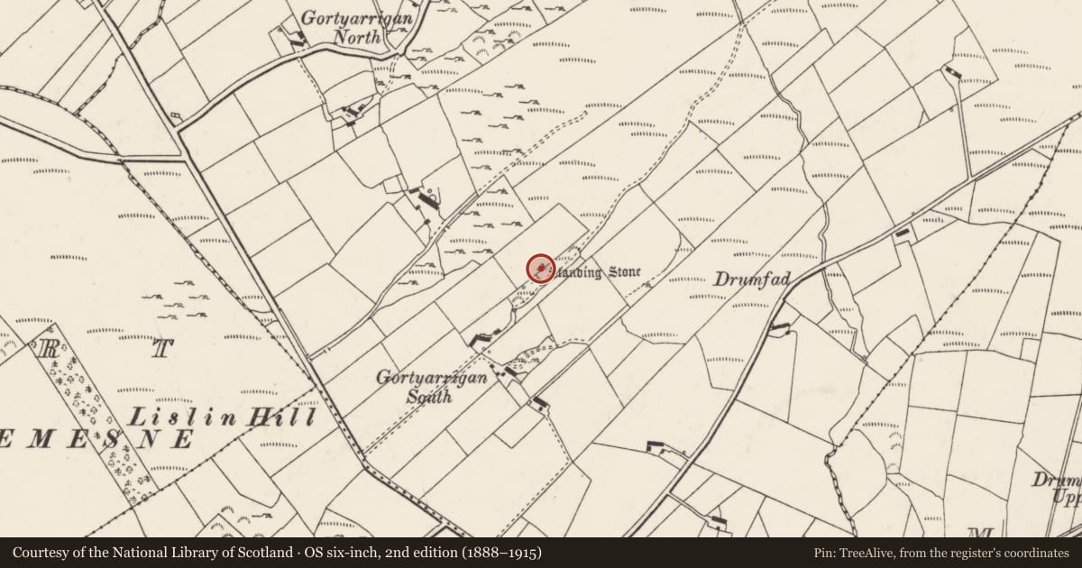 Ordnance Survey six-inch map, 2nd edition (1888–1915) covering the location of Megalithic tomb - unclassified, Gortyarrigan, County Donegal, with a pin at the register's coordinates