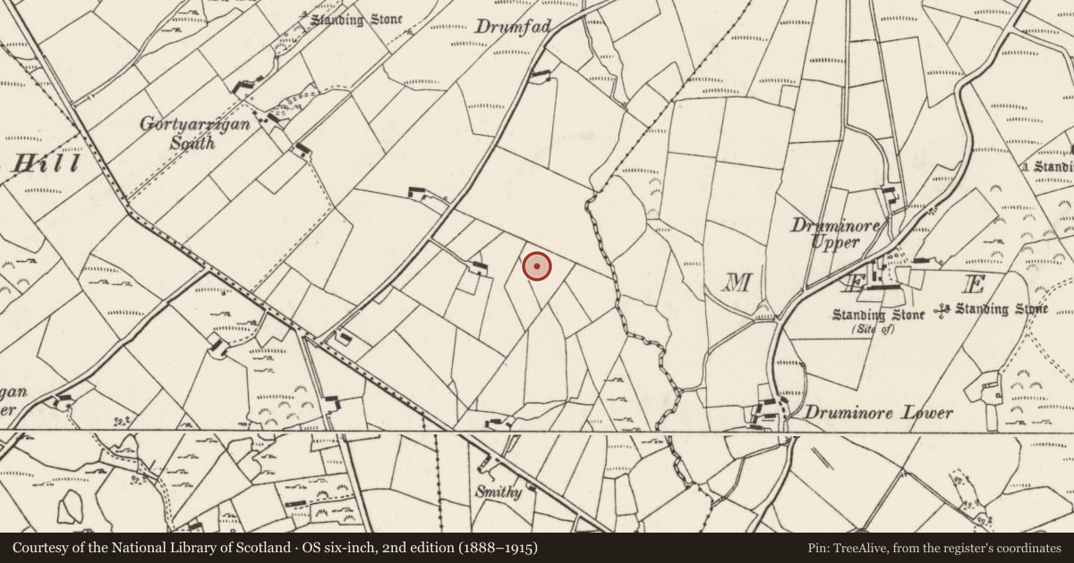 Ordnance Survey six-inch map, 2nd edition (1888–1915) covering the location of Souterrain, Gortyarrigan, County Donegal, with a pin at the register's coordinates