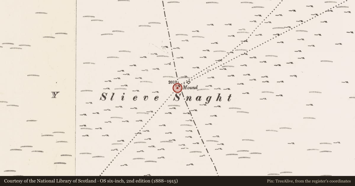 Ordnance Survey six-inch map, 2nd edition (1888–1915) covering the location of Ritual site - holy well, Owenboy, County Donegal, with a pin at the register's coordinates