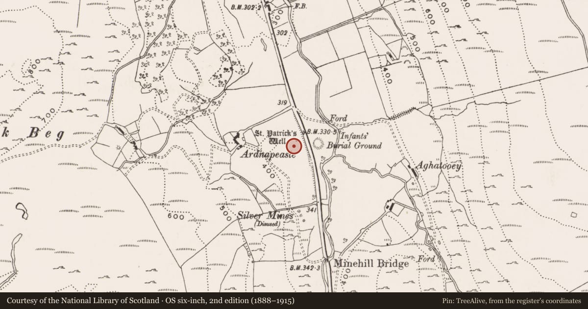 Ordnance Survey six-inch map, 2nd edition (1888–1915) covering the location of Ritual site - holy well, Carrowmore Or Glentogher, County Donegal, with a pin at the register's coordinates