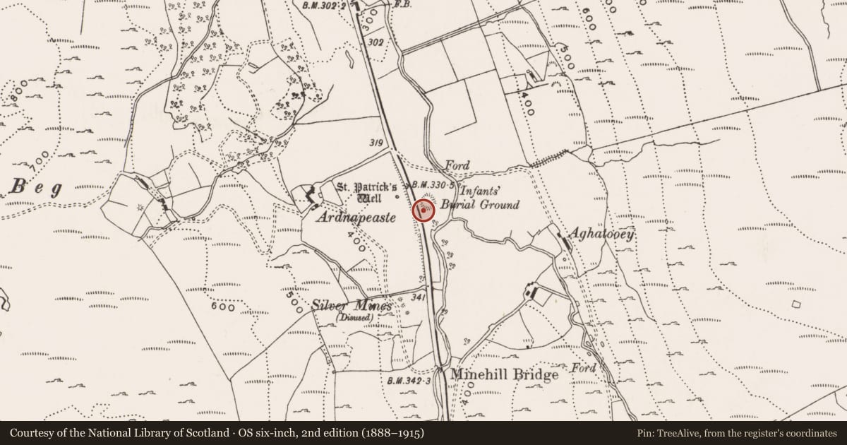 Ordnance Survey six-inch map, 2nd edition (1888–1915) covering the location of Children's burial ground, Carrowmore Or Glentogher, County Donegal, with a pin at the register's coordinates