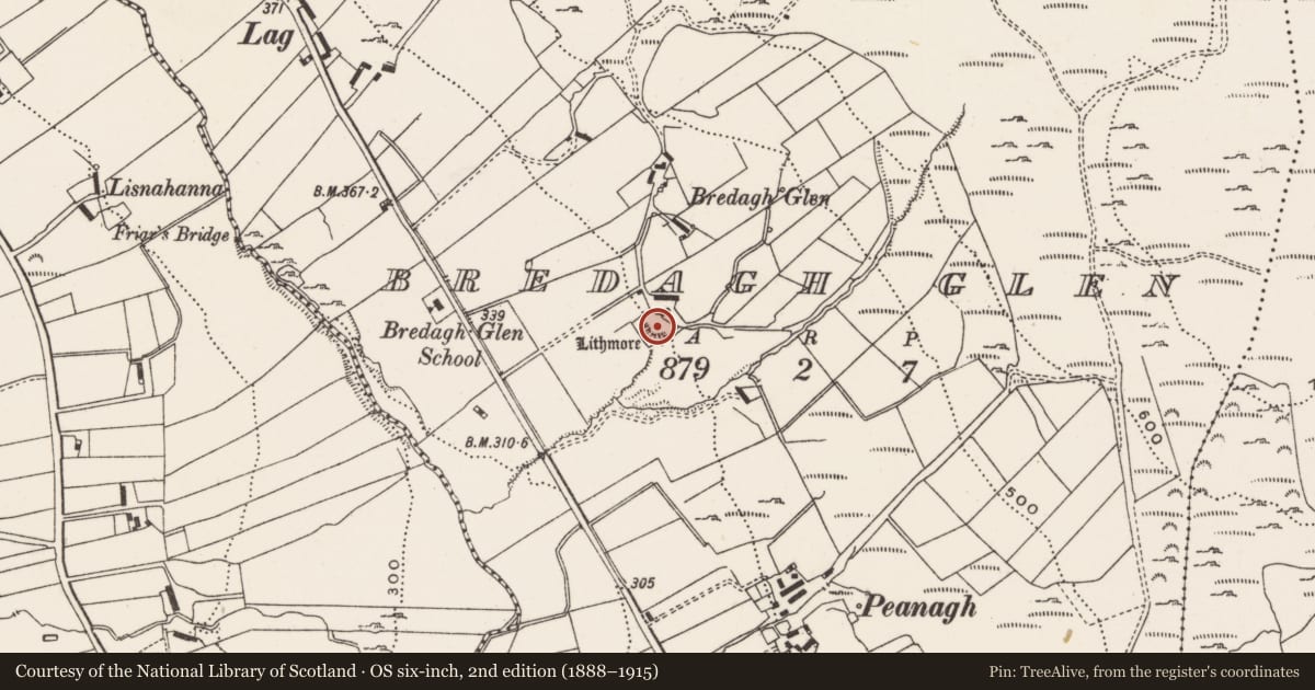 Ordnance Survey six-inch map, 2nd edition (1888–1915) covering the location of Ringfort - rath, Bredagh Glen, County Donegal, with a pin at the register's coordinates