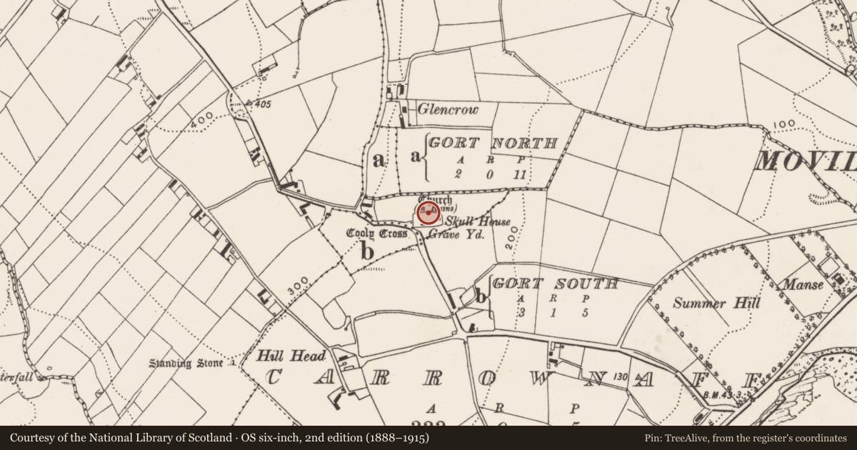 Ordnance Survey six-inch map, 2nd edition (1888–1915) covering the location of Graveyard, Cooly, County Donegal, with a pin at the register's coordinates
