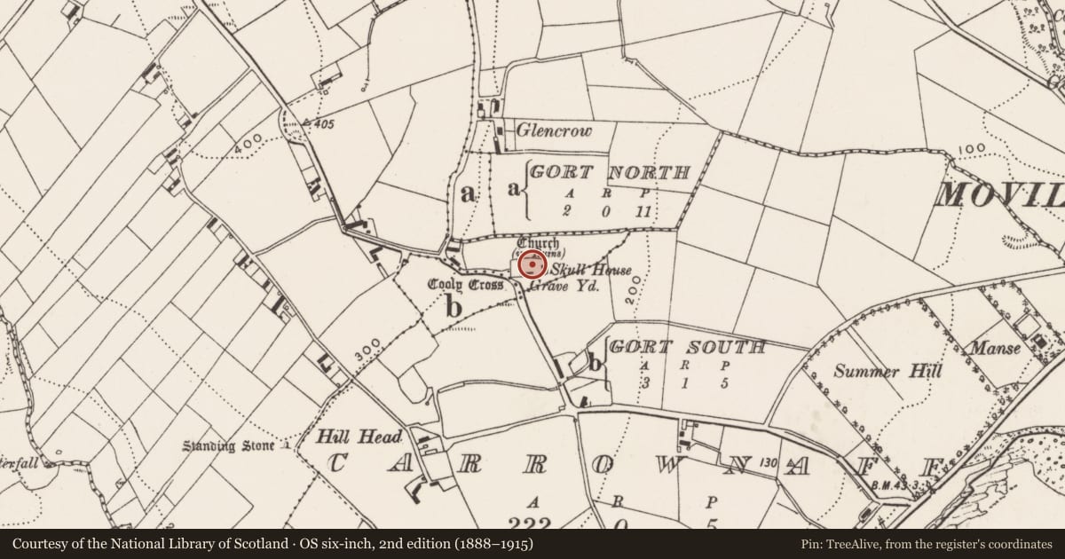 Ordnance Survey six-inch map, 2nd edition (1888–1915) covering the location of Church, Cooly, County Donegal, with a pin at the register's coordinates
