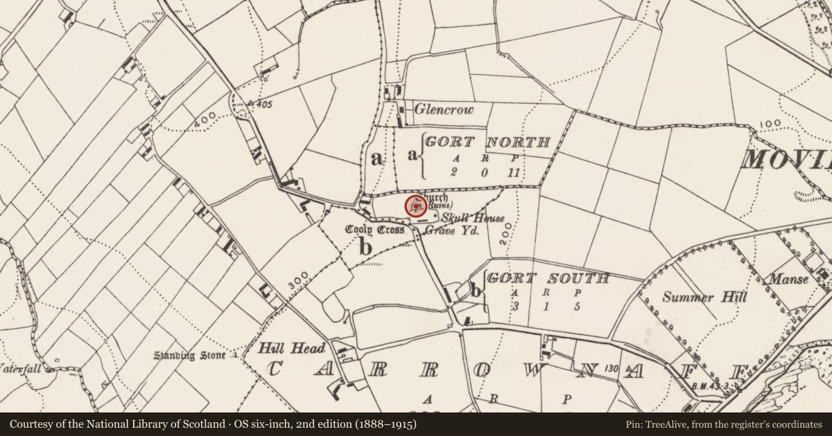 Ordnance Survey six-inch map, 2nd edition (1888–1915) covering the location of Church, Cooly, County Donegal, with a pin at the register's coordinates