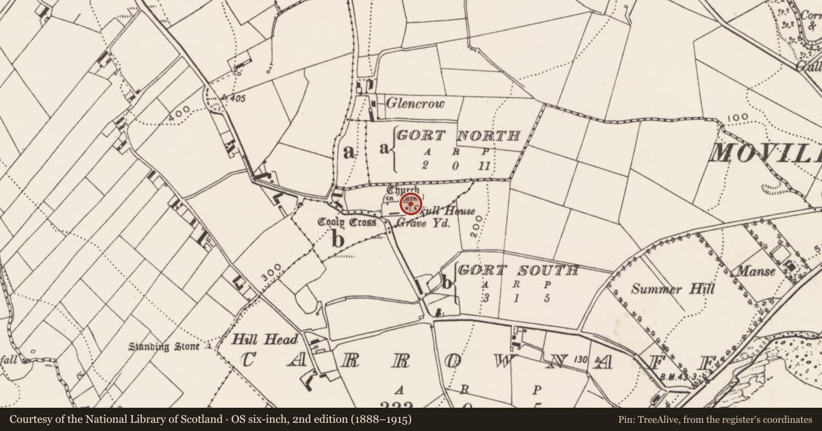 Ordnance Survey six-inch map, 2nd edition (1888–1915) covering the location of Shrine, Cooly, County Donegal, with a pin at the register's coordinates