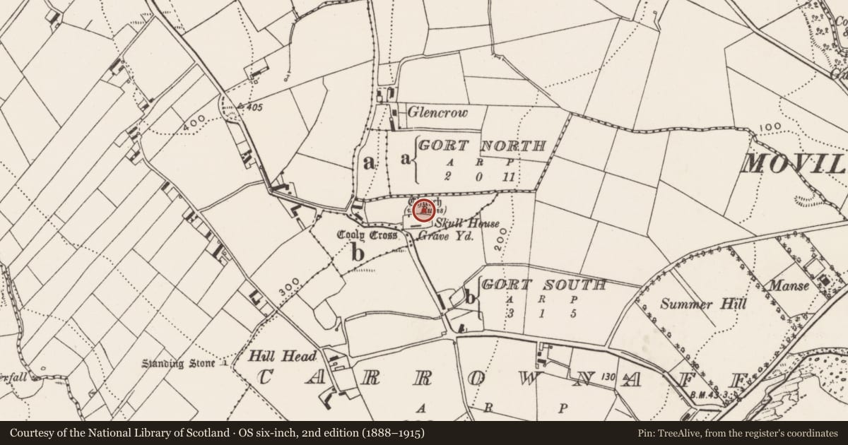Ordnance Survey six-inch map, 2nd edition (1888–1915) covering the location of Cross-slab, Cooly, County Donegal, with a pin at the register's coordinates